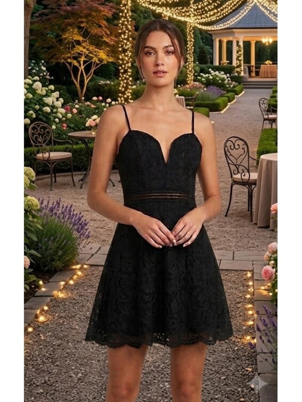 Lulus Black Floral Lace Plunge Mini Dress Medium